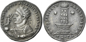 Constantine II caesar, 317 – 337 
Medallion, Thessalonica circa 320, AR 6.44 g. CONSTANTINVS IVN NOB CAESAR Radiate, draped and cuirassed bust l., ho...