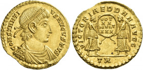 Constantius II augustus, 337 – 361 
Solidus, Trier circa 347-348, AV 4.52 g. CONSTANTI – VS AVGVSTVS Pearl-diademed, draped and cuirassed bust r. Rev...