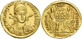 Constantius II augustus, 337 – 361 
Solidus, Antiochia 355–361, AV 4.38 g. FL IVL CONSTAN – TIVS PERP AVG Helmeted, diademed, draped and cuirassed bu...