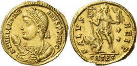 Valentinian I, 364 – 375 
Solidus, Thessalonica 364-367, AV 4.43 g. D N VALENTINI – ANVS P F AVG Pearl-diademed bust l., wearing imperial mantle and ...