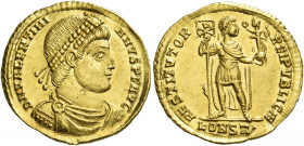 Valentinian I, 364 – 375 
Solidus, Arelate circa 364-367, AV 4.49 g. D N VALENTINI – ANVS P F AVG Pearl-diademed, draped and cuirassed bust r. Rev. R...