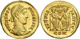 Theodosius I, 369 – 375 
Solidus, Mediolanum 379-383, AV 4.51 g. D N THEODO – SIVS P F AVG Pearl-diademed, draped and cuirassed bust r. Rev. VICTOR –...