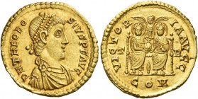 Theodosius I, 369 – 375 
Solidus, Treveri 383-387, AV 4.45 g. D N THEODO – SIVS P F AVG Pearl-diademed, draped and cuirassed bust r. Rev. VICTOR – IA...