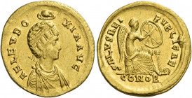 Aelia Eudoxia, wife of Arcadius
Solidus, Constantinopolis 402-403, AV 4.41 g. AEL EVDO – XIA AVG Pearl-diademed and draped bust r., crowned by the ha...