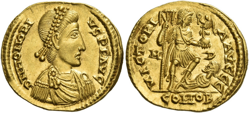 Honorius, 393 – 423 
Solidus, Mediolanum 395-402, AV 4.48 g. D N HONORI – VS P ...