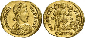 Honorius, 393 – 423 
Solidus, Mediolanum 395-402, AV 4.48 g. D N HONORI – VS P F AVG Pearl-diademed, draped and cuirassed bust r. Rev. VICTORI – A AV...