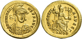 Honorius, 393 – 423 
Solidus, Constantinopolis 397-402, AV 4.48 g. D N HONORI – VS P F AVG Helmeted, pearl-diademed and cuirassed bust facing three-q...