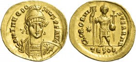 Theodosius II, 402 – 450 
Solidus, Thessalonica 424-425, perhaps to 430, AV 4.29 g. D N THEODO – SIVS P F AVG Helmeted, pearl-diademed and cuirassed ...
