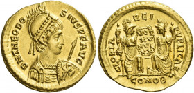 Theodosius II, 402 – 450 
Solidus, Constantinopolis 415, AV 4.48 g. D N THEODO – SIVS P F AVG Half figure r., wearing cuirass and crested helmet deco...