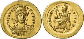 Theodosius II, 402 – 450 
Solidus, Constantinopolis 441-450, AV 4.48 g. D N THEODOSI – VS P F AVG Helmeted, pearl-diademed and cuirassed bust facing ...