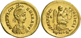 Aelia Pulcheria, daughter of Arcadius and sister of Theodosius II 
Solidus, Constantinopolis 414, AV 4.45 g. AEL PVLCH – ERIA AVG Pearl-diademed and ...