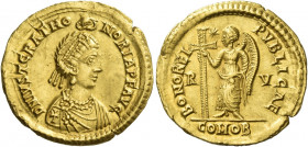 Justa Gratia Honoria, sister of Valentinian III 
Solidus, Ravenna circa 430-449, AV 4.50 g. D N IVST GRAT HO – NORIA P F AVG Pearl-diademed and drape...