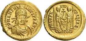 Anthemius, 467 – 472 
Solidus 468, AV 4.42 g. D N ANTHE – MIVS P F AVG Helmeted, pearl-diademed and draped bust facing three-quarters r., holding spe...