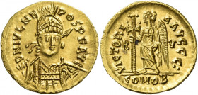 Julius Nepos first reign, 24th June 474 – 28th August 475 
Solidus, Ravenna 474-475, AV 4.49 g. D N IVL NE – POS P F AVG Helmeted, pearl-diademed and...
