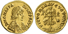 The Ostrogoths. Theoderic, 493 – 526
Pseudo-Imperial Coinage. In the name of Anastasius I, 491 – 518. Tremissis Roma 491-518, AV 1.47 g. DN ANASTA – ...