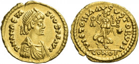 The Ostrogoths. Theoderic, 493 – 526
Pseudo-Imperial Coinage. In the name of Anastasius I, 491 – 518. Tremissis Ravenna 497-498, AV 1.47 g. DN ANASTA...