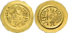 The Lombards. Aripert II, 700-712 
Tremissis 700-712, AV 1.50 g. DN AR – IPE RX (RX ligate) Pearl-diademed, draped and cuirassed bust r.; in r. field...