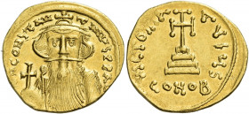Constans II, 641 – 668 and associate rulers from 654 
Solidus, 651-654, AV 4.44 g. d N CONSTAN – TINYS PP AV Facing bust with long beard, wearing cro...