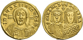 Michael III "the Drunkard", 842 – 867 and associate rulers from 866 
Solidus circa 843-856, AV 4.44 g. IhSЧSX – RIStOS * Facing bust of Christ bearde...