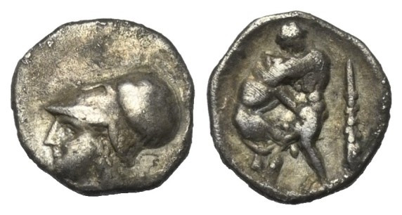 Apulien. Teate.

 Diobol (Silber). Ca. 400 - 375 v. Chr.
Vs: Kopf der Athena ...