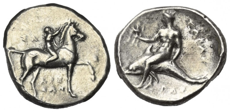 Kalabrien. Tarent.

 Didrachme oder Nomos (Silber). Ca. 302 - 280 v. Chr.
Vs:...