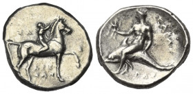 Kalabrien. Tarent.

 Didrachme oder Nomos (Silber). Ca. 302 - 280 v. Chr.
Vs: Nackter Jüngling, das Pferd bekränzend nach rechts reitend; im Feld l...