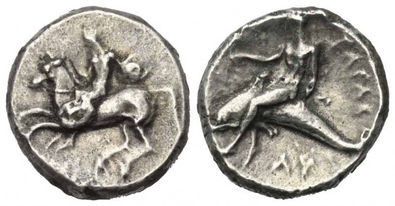 Kalabrien. Tarent.

 Didrachme oder Nomos (Silber). Ca. 302 - 280 v. Chr.
Vs:...