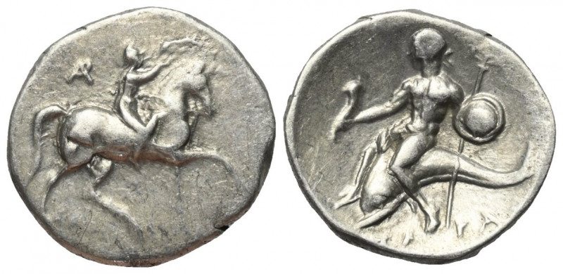 Kalabrien. Tarent.

 Didrachme oder Nomos (Silber). Ca. 280 - 272 v. Chr.
Vs:...