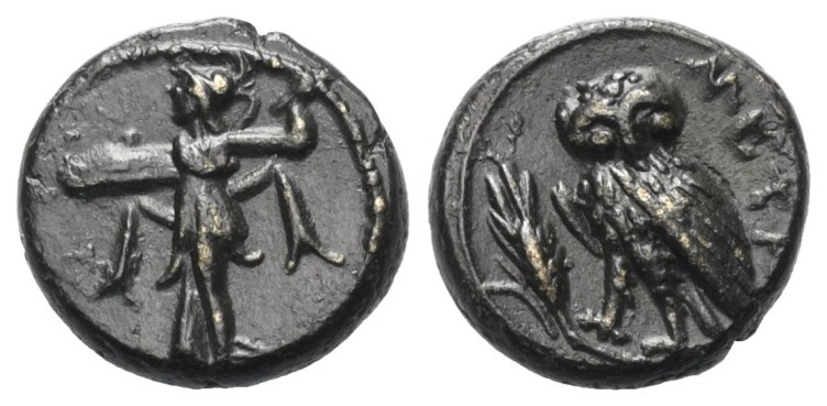 Lukanien. Metapont.

 Bronze. Ca. 250 - 207 v. Chr.
Vs: Athena Promachos mit ...