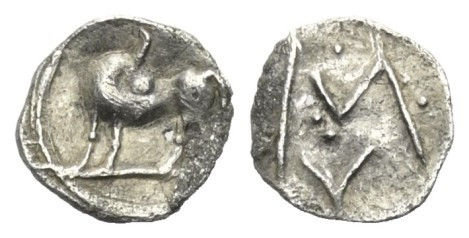 Lukanien. Sybaris.

 Hemiobol (Silber). Ca. 550 - 510 v. Chr.
Vs: Stier nach ...