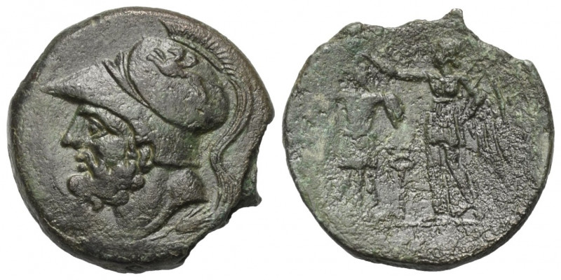 Bruttium. Brettii.

 Bronze. Ca. 214 - 211 v. Chr.
Vs: Kopf des bärtigen Ares...