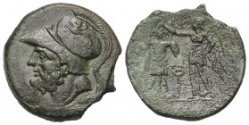 Bruttium. Brettii.

 Bronze. Ca. 214 - 211 v. Chr.
Vs: Kopf des bärtigen Ares mit korinthischem Helm (darauf Greif) links.
Rs: Nike nach links ste...