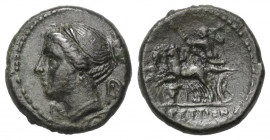 Bruttium. Brettii.

 Bronze. Ca. 211 - 208 v. Chr.
Vs: Kopf der Nike links.
Rs: Zeus in Biga im Galopp nach links fahrend, zwischen den Beinen Buk...