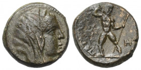 Bruttium. Petelia.

 Bronze. Ca. 204 - 89 v. Chr.
Vs: Kopf der Demeter mit Schleier und Ährenkranz rechts.
Rs: Zeus mit erhobenem Blitzbündel und ...