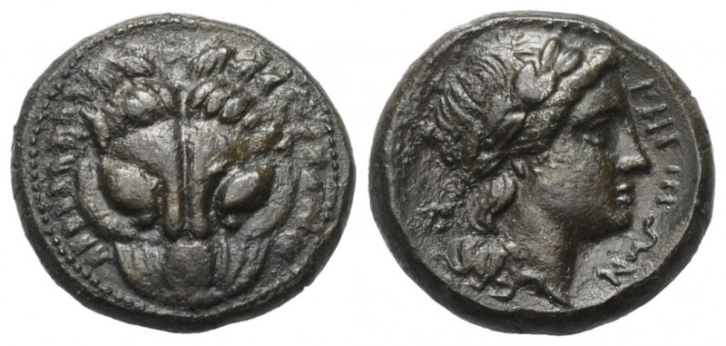 Bruttium. Rhegion.

 Bronze. Ca. 351 - 280 v. Chr.
Vs: Löwenkopf en face.
Rs...