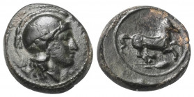 Sizilien. Kamarina.

 Bronze. Ca. 339 - 300 v. Chr.
Vs: Kopf der Athena mit attischem Helm rechts.
Rs: Pferd nach rechts galoppierend.

16 mm. 4...