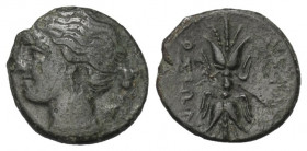 Sizilien. Syrakus. 4. Demokratie (289 - 287 v. Chr.).

 Bronze.
Vs: Kopf der Artemis mit Köcher über der Schulter links.
Rs: Blitzbündel.

15 mm...