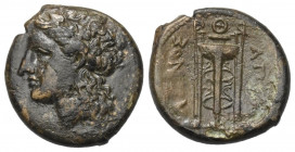 Sizilien. Tauromenion.

 Bronze. 3. Jhdt. v. Chr.
Vs: Kopf des Dionysos mit Efeukranz links.
Rs: Dreifuß.

22 mm. 6,68 g. 

HGC 2, 1589; CNS I...