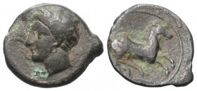 Sizilien. Sikulo-punische Prägungen.

 Bronze. Ca. 375 - 350 v. Chr.
Vs: Kopf der Tanit mit Ährenkranz links.
Rs: Pferd nach rechts galoppierend....