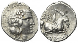 Inseln vor Epiros. Korkyra.

 Didrachme (Silber). Ca. 229 - 48 v. Chr.
Vs: Kopf des Dionysos mit Efeukranz rechts.
Rs: Pegasos mit Palmzweig nach ...