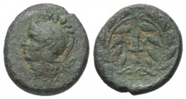 Akarnanien. Thyrreion.

 Bronze. Ca. 350 - 300 v. Chr.
Vs: Kopf der Athena mit attischem Helm links.
Rs: Fackel in Kranz.

16 mm. 3,20 g. 

Sl...