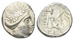 Euböa. Histiaia.

 Tetrobol (Silber). Ca. 3. - 2. Jhdt. v. Chr.
Vs: Kopf der Nymphe Histiaia mit Kranz aus Weinlaub und Reben rechts.
Rs: Die Nymp...