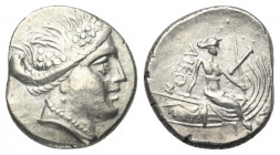 Euböa. Histiaia.

 Tetrobol (Silber). Ca. 3. - 2. Jhdt. v. Chr.
Vs: Kopf der Nymphe Histiaia mit Kranz aus Weinlaub und Reben rechts.
Rs: Die Nymp...