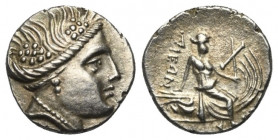 Euböa. Histiaia.

 Tetrobol (Silber). Ca. 3. - 2. Jhdt. v. Chr.
Vs: Kopf der Nymphe Histiaia mit Kranz aus Weinlaub und Reben rechts.
Rs: Die Nymp...