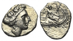 Euböa. Histiaia.

 Tetrobol (Silber). Ca. 3. - 2. Jhdt. v. Chr.
Vs: Kopf der Nymphe Histiaia mit Kranz aus Weinlaub und Reben rechts.
Rs: Die Nymp...