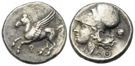 Korinthia. Korinth.

 Stater (Silber). Ca. 345 - 307 v. Chr.
Vs: Pegasos nach links fliegend, darunter Koppa.
Rs: Kopf der Athena mit korinthische...