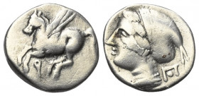 Korinthia. Korinth.

 Drachme (Silber). Ca. 345 - 307 v. Chr.
Vs: Pegasos nach links fliegend, darunter Koppa.
Rs: Kopf der Aphrodite mit Sakkos l...