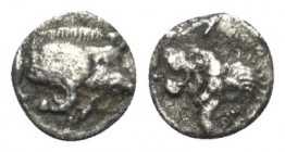 Mysien. Kyzikos.

 Hemiobol (Silber). Ca. 450 - 400 v. Chr.
Vs: Vorderteil eines Ebers rechts, dahinter Thunfisch nach oben.
Rs: Löwenkopf links; ...