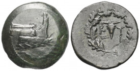 Mysien. Kyzikos.

 Bronze. 3. Jhdt. v. Chr.
Vs: Prora rechts.
Rs: Bukranion in Eichenlaubkranz.

28 mm. 13,14 g. 

Von Fritze 11; SNG Paris 43...