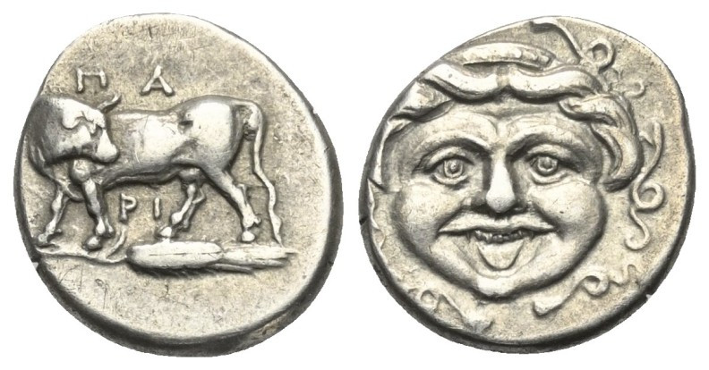 Mysien. Parion.

 Hemidrachme (Silber). 4. Jhdt. v. Chr.
Vs: Stier mit zurück...